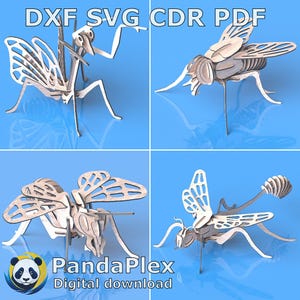 Insect 3D Puzzle SVG Bundle – Bee Wasp Fly Mantis | Laser Cut Vector Files for CNC, Glowforge, DIY Wood Decor, Nature Craft Projects