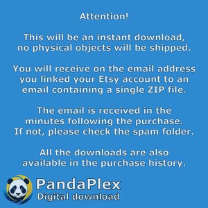 May include: Blue background with white text that reads "Attention!" and provides instructions for a digital download. The PandaPlex logo is at the bottom, along with "Digital download."