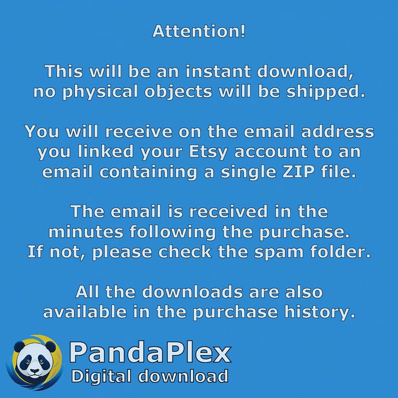May include: Blue background with white text that reads "Attention!" and provides instructions for a digital download. The PandaPlex logo is at the bottom, along with "Digital download."