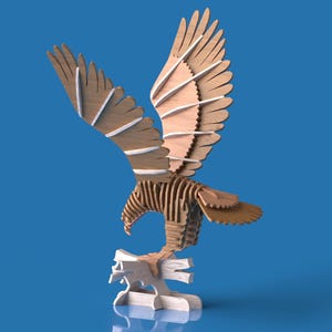 May include: A wooden eagle sculpture with outstretched wings, crafted from layered wood pieces. The eagle is perched on a stylized wooden base, with a natural wood grain finish and white accents. The background is a solid blue.