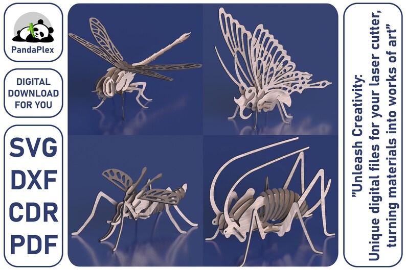 4 Digital Laser Cut Files of 3D Insect Puzzles, Vector Files for Wood ...