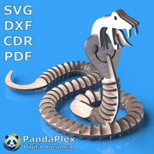 Arquivo de corte a laser SVG de quebra-cabeça 3D de cobra - modelo de gravação, quebra-cabeça de madeira, design de corte a laser de animais, modelo de cortador Glowforge