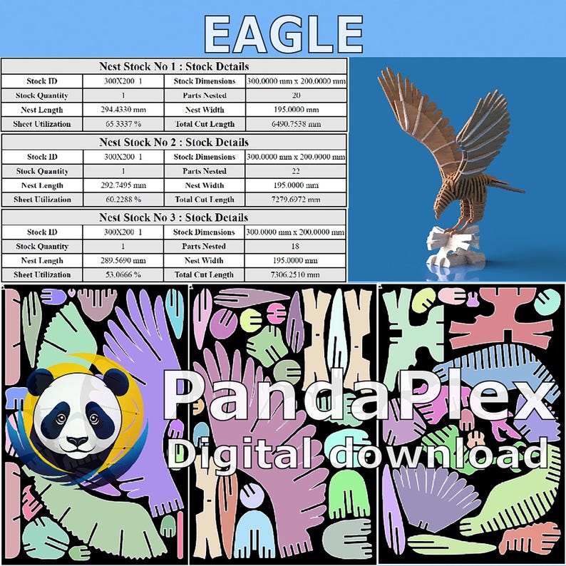 May include: A wooden eagle sculpture with outstretched wings, perched on a base. The image includes a digital download graphic with a panda and the text "PandaPlex Digital download". Also included are stock details.