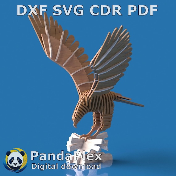 Eagle 3D Puzzle Glowforge Template – Laser Cut Files, DXF Wooden Animal Model, CNC Bird Engraving Vector, Digital Download