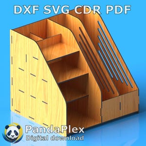 May include: A wooden desk organizer with multiple compartments and slots. The organizer is light brown with dark brown edges and features the text "DXF SVG CDR PDF" and "PandaPlex Digital download".