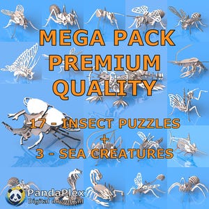 May include: A collection of 17 insect puzzles and 3 sea creature puzzles. The image features various insect and sea creature designs, including ants, bees, and scorpions. The text "MEGA PACK PREMIUM QUALITY" is displayed in orange. The PandaPlex logo is in the bottom left.