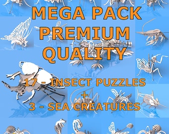 Mega Pack 3D Insect Puzzle Bundle | 20 Premium Laser Cut Models | 17 Bug + 3 Sea Creatures DXF SVG CDR cnc Files | Digital Download