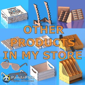 May include: A collection of laser-cut wooden products, including an owl-themed box, a display stand, organizers, and sunglasses. The image also features the text "OTHER PRODUCTS IN MY STORE" and the PandaPlex logo.