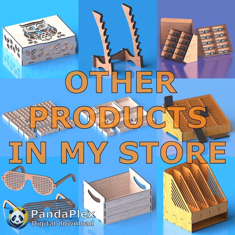 May include: A collection of laser-cut wooden products, including an owl-themed box, a display stand, organizers, and sunglasses. The image also features the text "OTHER PRODUCTS IN MY STORE" and the PandaPlex logo.