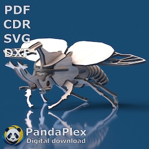 May include: A wooden insect model with detailed wings and body, set against a blue background. The model is a digital download, as indicated by the text "PandaPlex Digital download" and file type options: PDF, CDR, SVG, and DXF.