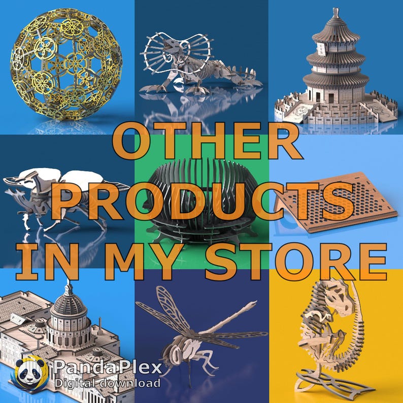 May include: A collage of laser-cut wooden models, including a gear sphere, a dinosaur, a pagoda, a beetle, a geometric sculpture, a wooden grid, a capitol building, a dragonfly, and a T-Rex. The text "OTHER PRODUCTS IN MY STORE" is displayed.