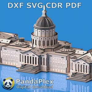 May include: A detailed wooden model of a building with a large dome, columns, and multiple levels. The model is light brown and gray, with the text "DXF SVG CDR PDF" and "PandaPlex Digital download" visible.