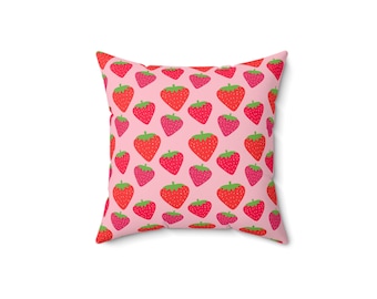 Pink Red Green Strawberry Art Pillow, Girly Throw Pillow, Vibrant Fruit Bed Couch Decor, Bright Cottagecore Pillow, Easter Spring Essential