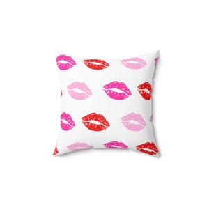 Kissy Lips Pillow | Soft Pink Hot Pink Red Lipstick Kiss | Kiss Mark Girly House Decor | Pink Bedroom Aesthetic | Pink Glam Dorm Room Girls image 1