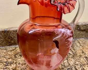 Old Post War Mary Gregory Collection- Cranberry Mouth Blown Glass Pitcher