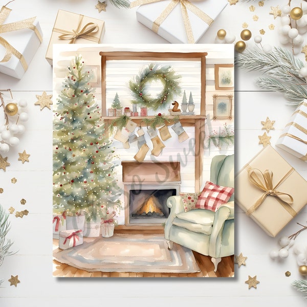 Charming Pink Christmas Living Room Scene Art Print - Festive Holiday Decor | Gifted| Cottagecore |Boho Wall| Guest Room| Cottage Aesthetic