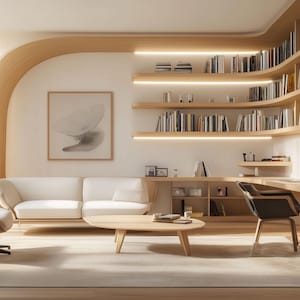 Puede incluir: Un salón moderno con una estantería y escritorio empotrados de madera clara. Un sofá blanco, una silla de madera y una mesa de centro redonda están en primer plano. La habitación tiene una ventana grande y una paleta de colores neutros.