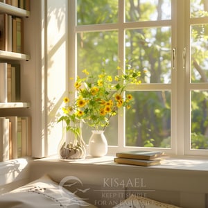 May include: A sunlit window seat with a bookshelf and a view of a lush green forest. Yellow and pink flowers in vases sit on the windowsill, next to a stack of books. The scene evokes a sense of peace and tranquility.