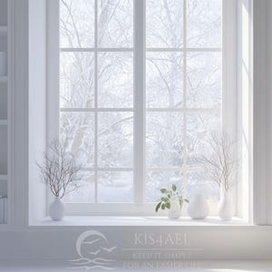 May include: A bright, minimalist interior scene featuring white bookshelves, a large window with a snowy outdoor view, and decorative vases with branches. The room is bathed in natural light, creating a serene atmosphere.