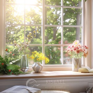 Könnte beinhalten: Eine sonnendurchflutete Fensterszene mit einer Holzfensterbank, auf der Vasen mit Blumen und Grün stehen. Bücherregale flankieren das Fenster, gefüllt mit Büchern. Das Fenster bietet einen Blick auf grüne Bäume und schafft eine gemütliche Atmosphäre.