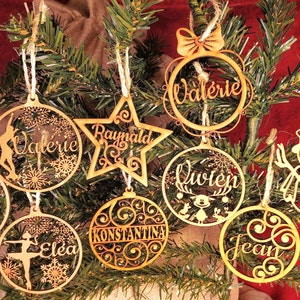 Personalized wooden Christmas decorations and baubles