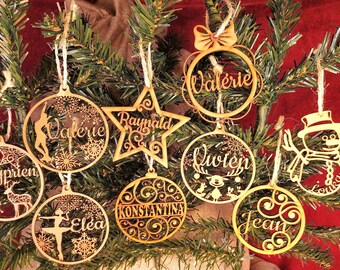 Personalized wooden Christmas decorations and baubles