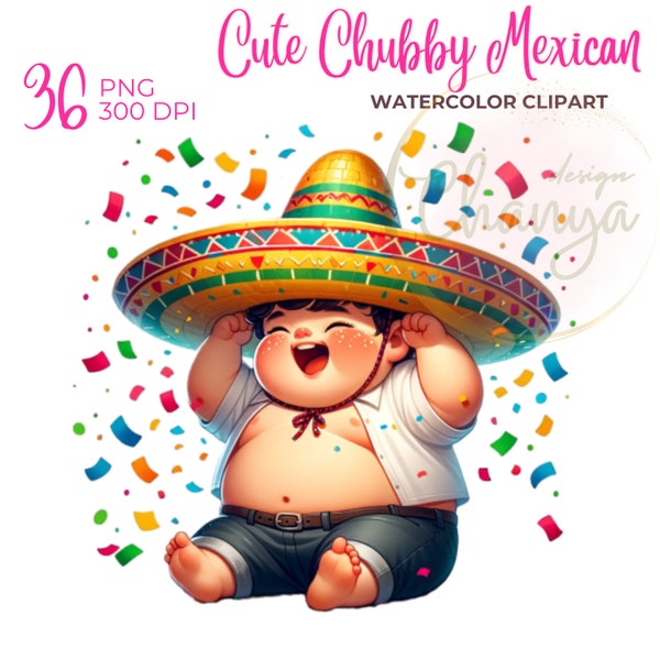 Chubby Mexican Watercolor Clipart,Cute Mexican boy and girl,Cowboy Bundle,Mexican Cowboy Clipart, Fantasy Clipart, digital prints