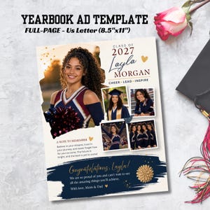 May include: A full-page yearbook ad template measuring 8.5 inches by 11 inches, featuring a collage of photos of a cheerleader, the text Class of 2027 Layla Morgan, Cheer Lead Inspire, and a congratulatory message from parents with gold accents.