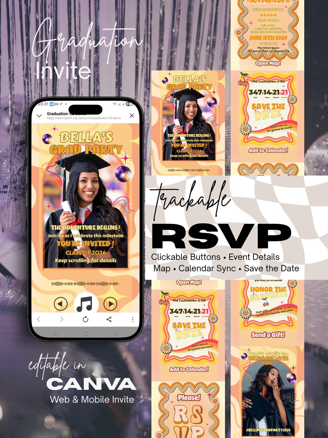 Retro Groovy Graduation Invitation, Class of 2026 Party Invite (digital ...