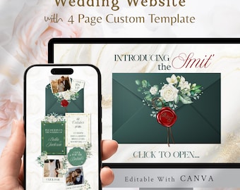 May include: A wedding website template displayed on a phone and computer screen. The design features a dark green envelope with white flowers and a red wax seal. The phone shows wedding details and photos. Text includes "Wedding Website" and "Editable With CANVA."