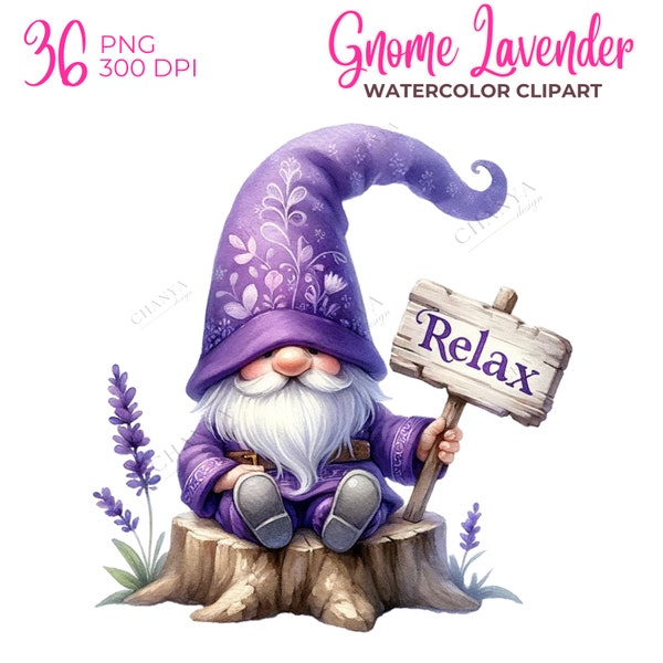 Gnome Lavender Watercolor Clipart, Gnome Violet PNG,Spring Bundle,Summer Gnome Clipart, Cute Gnome clipart, Fantasy Clipart, digital prints