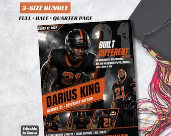 May include: A yearbook ad template featuring a football player in a black and orange uniform with the text "Darius King," "Built Different," and "The Legacy Continues." The design includes multiple photo frames, "Class of 2027," and "3-Size Bundle."