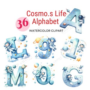 Cosmo.s Life alfabeto, imágenes prediseñadas del alfabeto de acuarela, Cosmo.s png, Baby shower, imágenes prediseñadas de la habitación del bebé, impresión digital, conjunto de ilustraciones, pegatinas