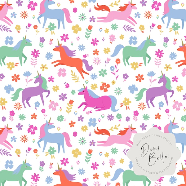 Unicorn Floral Repeat Pattern Unicorn Fabric Pattern Flower Digital Pattern Flower Seamless Repeat Unicorn Seamless File Unicorn Pattern D16