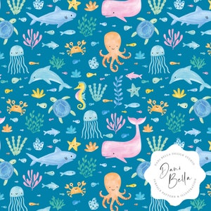 Under The Sea Seamless File, Ocean Animals Seamless Pattern, Sea Life Repeat Pattern, Whale Fish Shark Octopus Seamless Repeat Pattern, D05