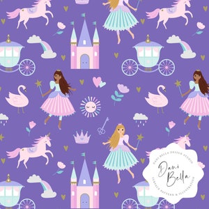 Princess Seamless Repeat Princess Repeat Pattern Princess Fabric Pattern Princess Digital Pattern Unicorn Seamless File Castle Pattern D08