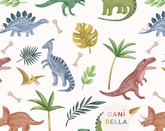 Watercolor Dinosaur Seamless Pattern, Jurassic Fabric Design (Digital)
