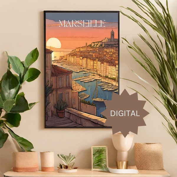 Marseille City Sunset Poster: Pastel Colors, Postcard Style - Printable Wall Art Instant Download for Home Decor, Design Ideas