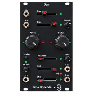 Op de afbeelding: Een zwart modulair synthesizerpaneel met het label Dyn van Timo Rozendal. Het bevat twee grote zwarte knoppen voor Attack en Sustain, vijf horizontale schuifregelaars met rode indicatoren, drie kleinere zwarte knoppen en diverse in- en uitgangen.