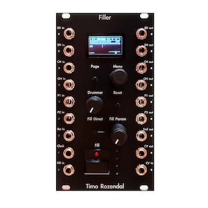 May include: A black modular synthesizer module labeled Filler by Timo Rozendal. It features a central digital display, three black rotary knobs, a square push button with a red LED, and two vertical columns of 3.5mm input and output jacks.