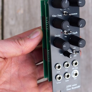 Può includere: Modulo sintetizzatore elettronico nero con manopole e prese di ingresso/uscita. Il modulo presenta il testo "3394 voice Timo Rozendal". Ha controlli per "Coarse", "Fine" e "Filter Freq".