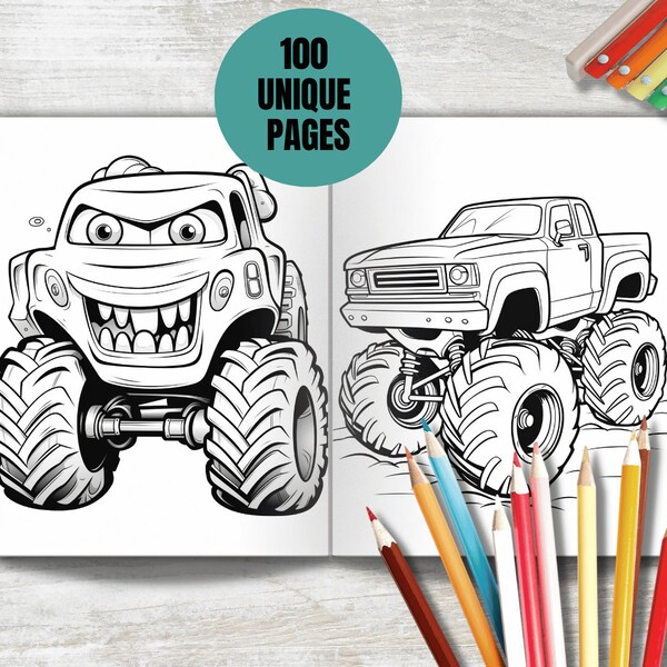 Monster Trucks Coloring Pages for Kids, 100 Printable Pages, Amazing Monster Truck Coloring Book, Birthday Party Activity, Party Favors.