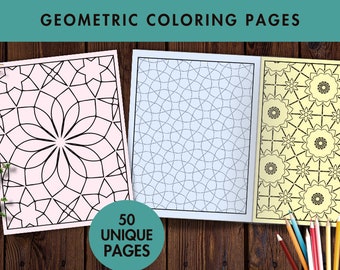 Livre de coloriage imprimable géométrique de 50 pages, livre de coloriage en téléchargement numérique, pages à colorier de motifs géométriques, pages à colorier imprimables.