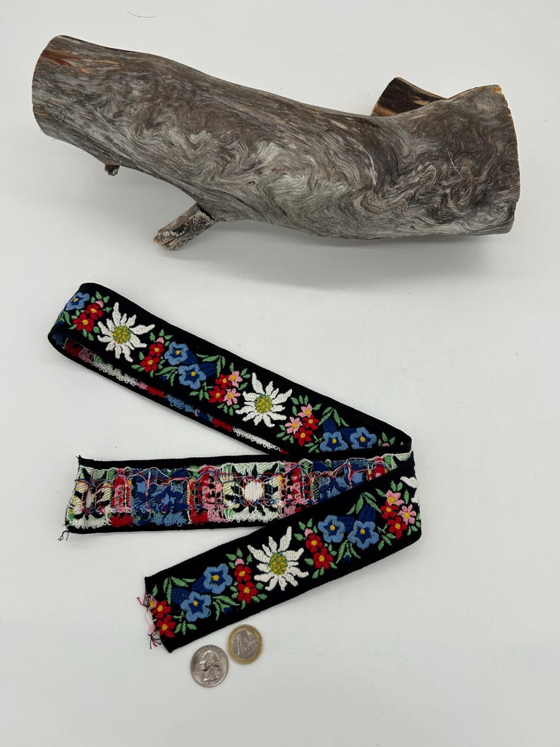 May include: Black ribbon with colourful floral embroidery featuring white, red, and blue flowers. The ribbon is displayed with a piece of driftwood and two coins. The ribbon's design is reminiscent of traditional folk art.