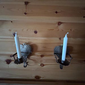 Swedish  WALL or TABLE HEART Sconce Set of 2, Candle Holder with Handle, Swedish Vintage Iron Wrought Sconces, Swedish Metal Sconce Set