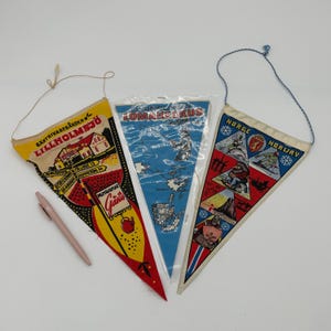 May include: Three vintage pennant flags with travel-themed designs. One is yellow and red with text, another is blue with a map, and the third is red, white, and blue with illustrations. A pink pen is also in the image.