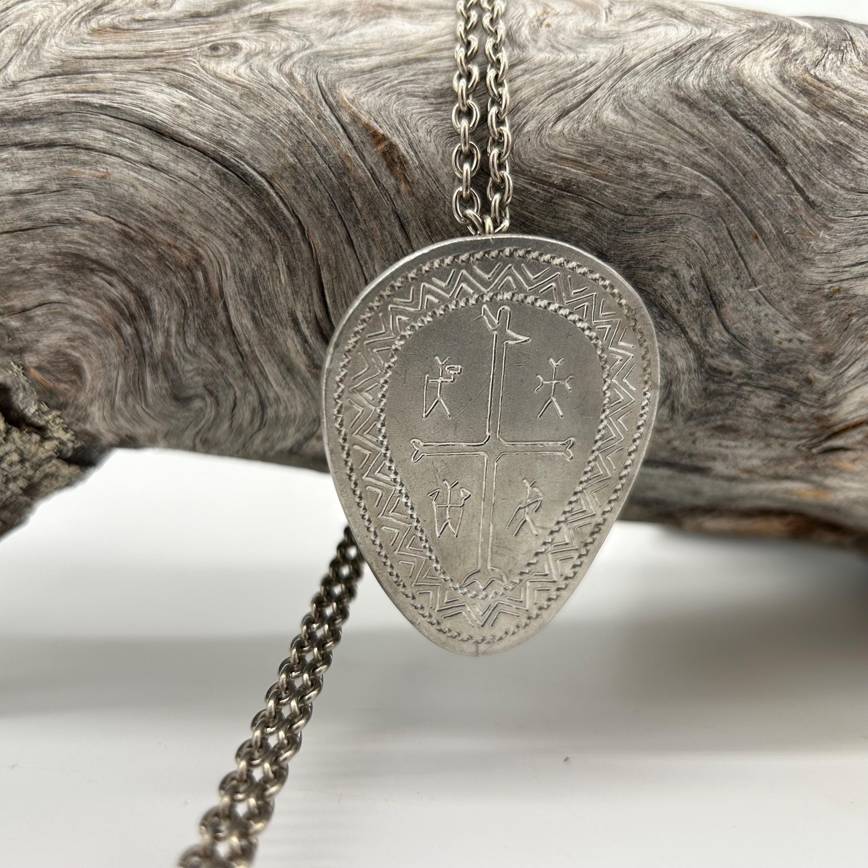 Sami DRUM Large Pewter Pendant Necklace, Handarbete Jokkmokk TENN