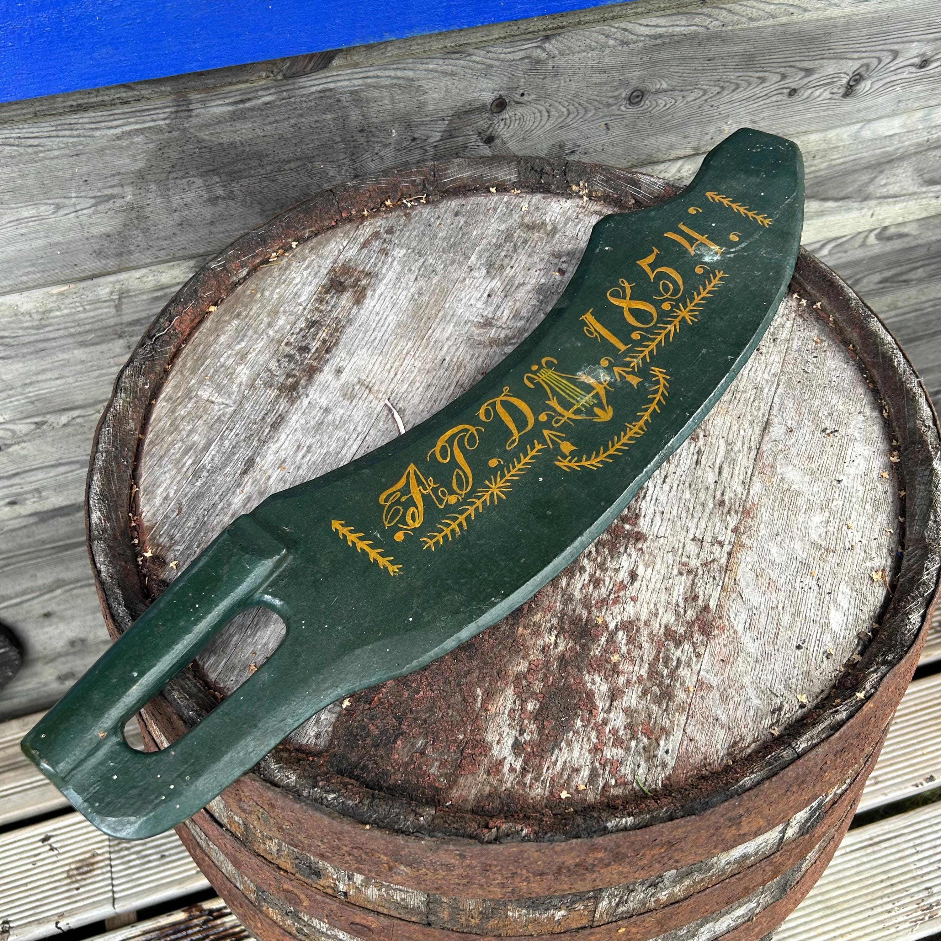 Antique Swedish Flax Knife: 1854 Hand-painted Wood Shearing Tool