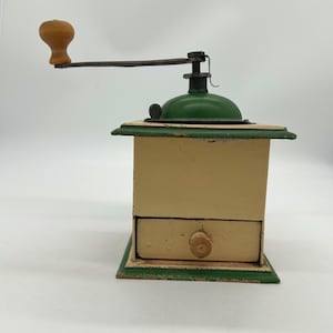 Vintage Swedish COFFEE Grinder, WOODEN, in very traditional beige and green, unique piece for decoration, farmhouse, cabin, home, coffee bar