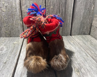 Swedish/Lappish Sámi Baby BOOTS,  reindeer fur, leather, vintage from 1970s